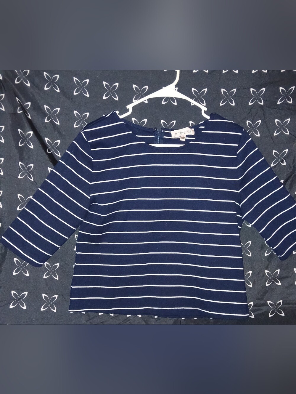 Women's Philosophy Navy Blue White Striped 3/4 Sleeve Size L Crop Top Blouse